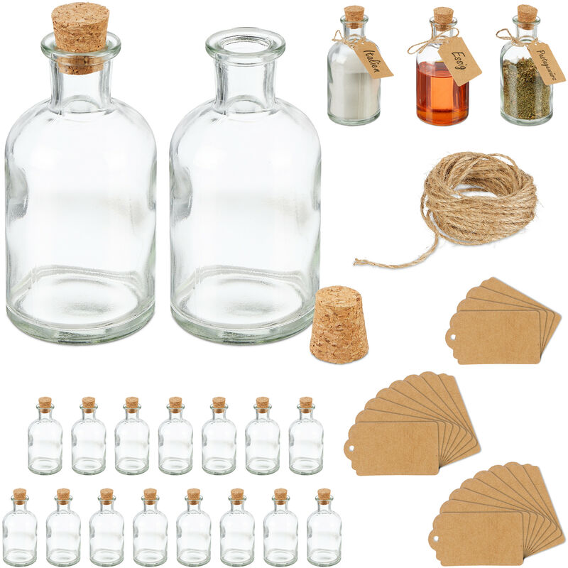Mini bouteilles, lot de 20, petites fioles, bouchon de liège, 125ml, à remplir, étiquettes, transparent/nature - Relaxdays