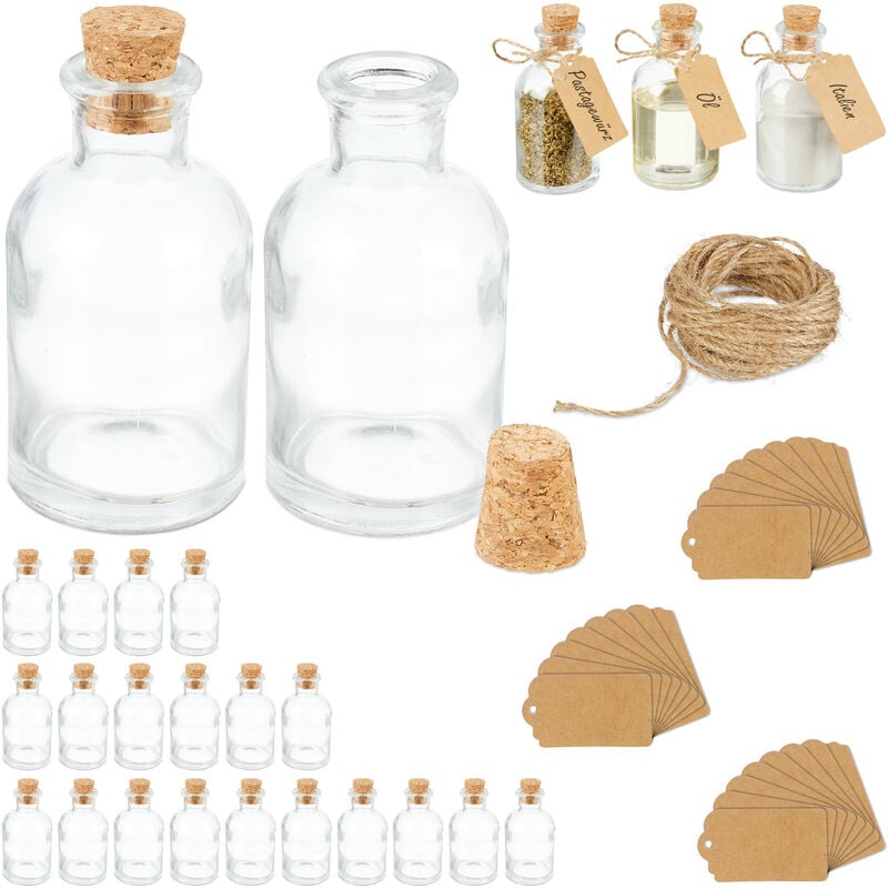 Mini bouteilles, lot de 25, petites fioles, bouchon de liège, 60 ml, mariage, épices, transparent/nature - Relaxdays