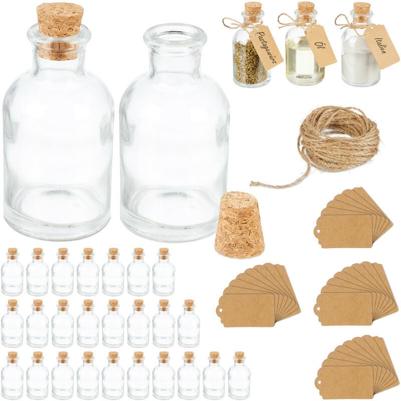 Mini bouteilles, lot de 30, petites fioles, bouchon de liège, 60 ml, mariage, épices, transparent/nature - Relaxdays