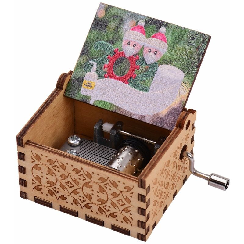 

Happyshopping - Mini caja de musica de manivela de madera con patrones vintage grabados Festival de Navidad Regalos musicales Decoracion de oficina