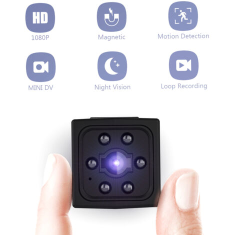 Mini caméra 720p portable HD avec détection de mouvement, idéale pour la sécurité intérieure discrète de la maison et du bureau. Batterie intégrée.