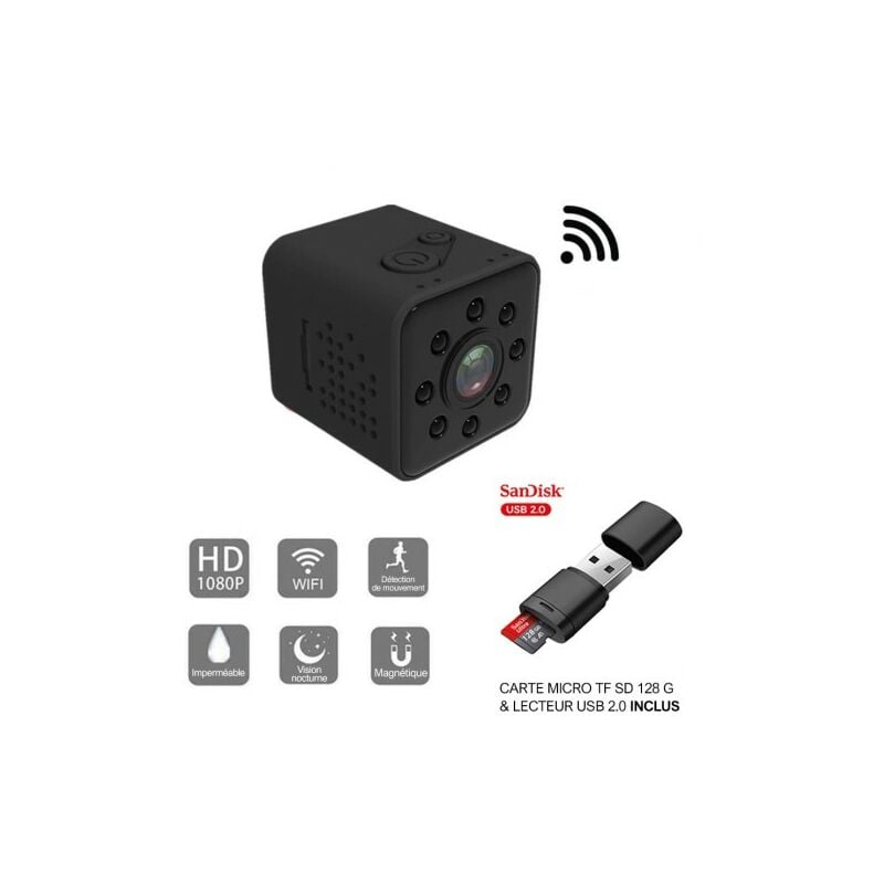 Mini caméra hd WiFi Petite Grand Angle 1080P Etanche Caméscope + Carte Micro tf sd 128Go + Lecteur usb 2.0 - dvr Sport Micro - Noir