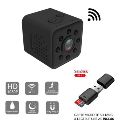 Mini caméra HD WiFi Petite Grand Angle 1080P Etanche Caméscope + Carte Micro TF SD 128Go + Lecteur USB 2.0 - DVR Sport Micro
