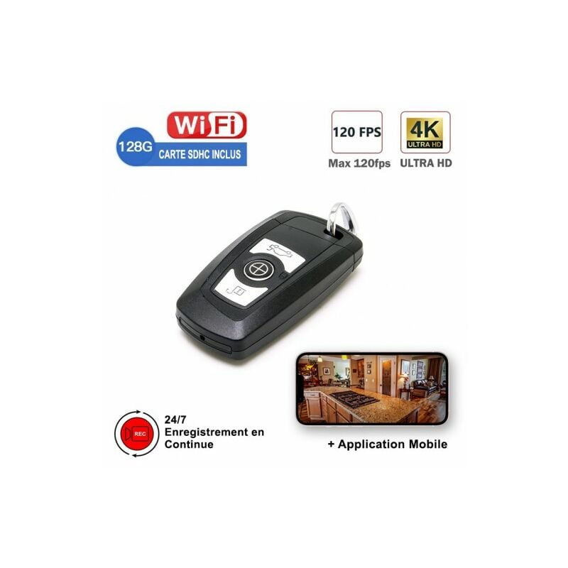 Mini Caméra Cachée Espion Clé de Voiture wifi Ultra hd 4K 2160p MP4 2h30 Autonomie Angle 90° + Micro sd 128Go + Appli iOS Android - Noir