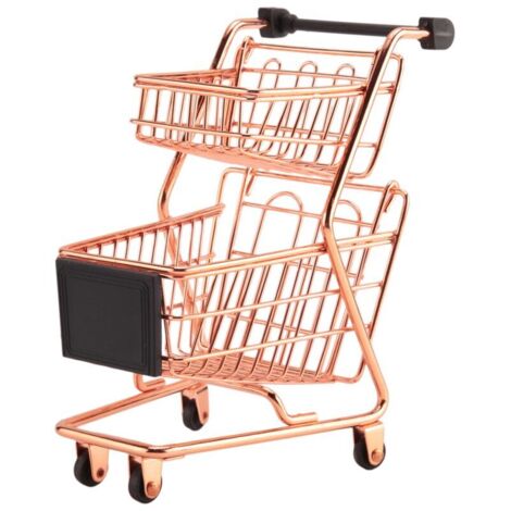 Mini carrito de compras metálico de dos niveles con cesta de almacenamiento, color oro rosa.