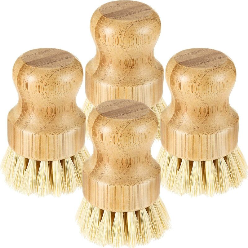 Mini cepillo de bambú para platos, 4 piezas, cerdas de