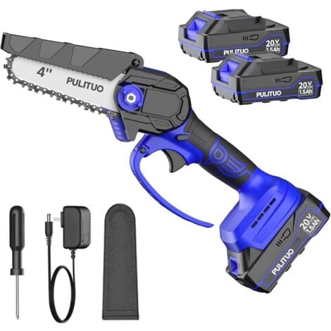 PULITUO Mini Chainsaw Cordless, 4 Inch Electric Chain Saw Small Chainsaw 2Battery Powered, Yard Tools Garden Gifts for Men Dad Husband, Hand Saw for Branches Wood Cutting Pruning-BLUE