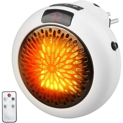 Mini Chauffage d'Appoint Enfichable, 900W Chauffage Soufflant Ceramique avec Télécommande Radiateur Soufflant Silencieux avec Minuterie 12h et Affichage LCD pour Salle de Bain Chambre (Blanc)