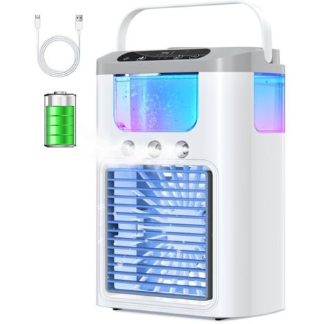 Mini climatiseur portable avec batterie 1200 mAh, réservoir d'eau de 600 ml, ventilateur et veilleuse 7 couleurs, 3 modes de brumisation, rechargeable.