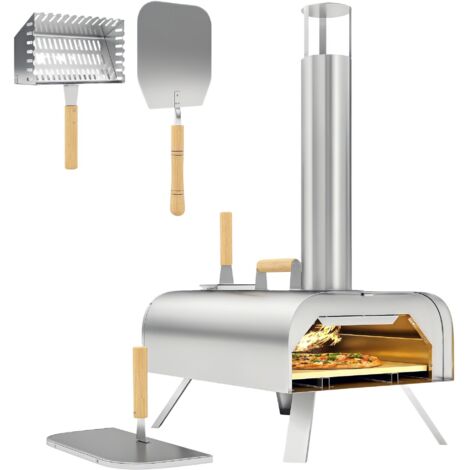 Mini coin à pizza en bois avec tapis Firestone et support pliable, idéal pour le camping et les activités de plein air. Dimensions : 79 x 36 x 75 cm, argenté.