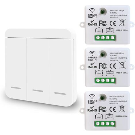 Mini commutateur WiFi sans fil télécommande RF 2500W 10A 3 récepteurs avec 1 interrupteur mural sans fil contrôle intelligent via l'application Tuya compatible avec Alexa/Google Home