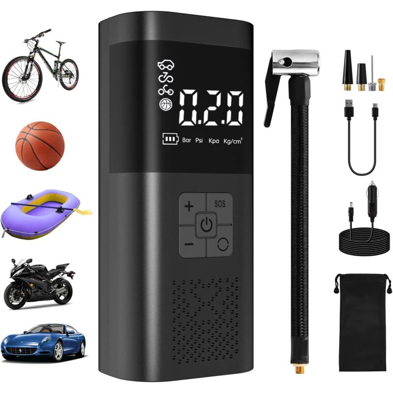 Beijiyi - Mini Compresseur à Air Portatif, Gonfleur Pneus Voiture Gonfleur Electrique Pompe a Velo 150PSI avec Écran lcd + Lampe led, 4 Modes pour