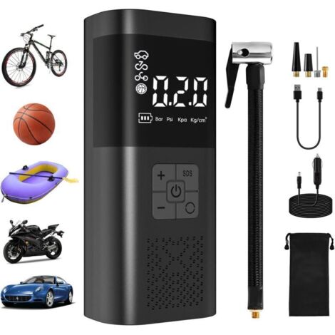 Mini Compresseur à Air Portatif, Gonfleur Pneus Voiture Gonfleur Electrique Pompe a Velo 150PSI avec Écran LCD + Lampe LED, 4 Modes pour Voiture, Velo, Moto, Balle