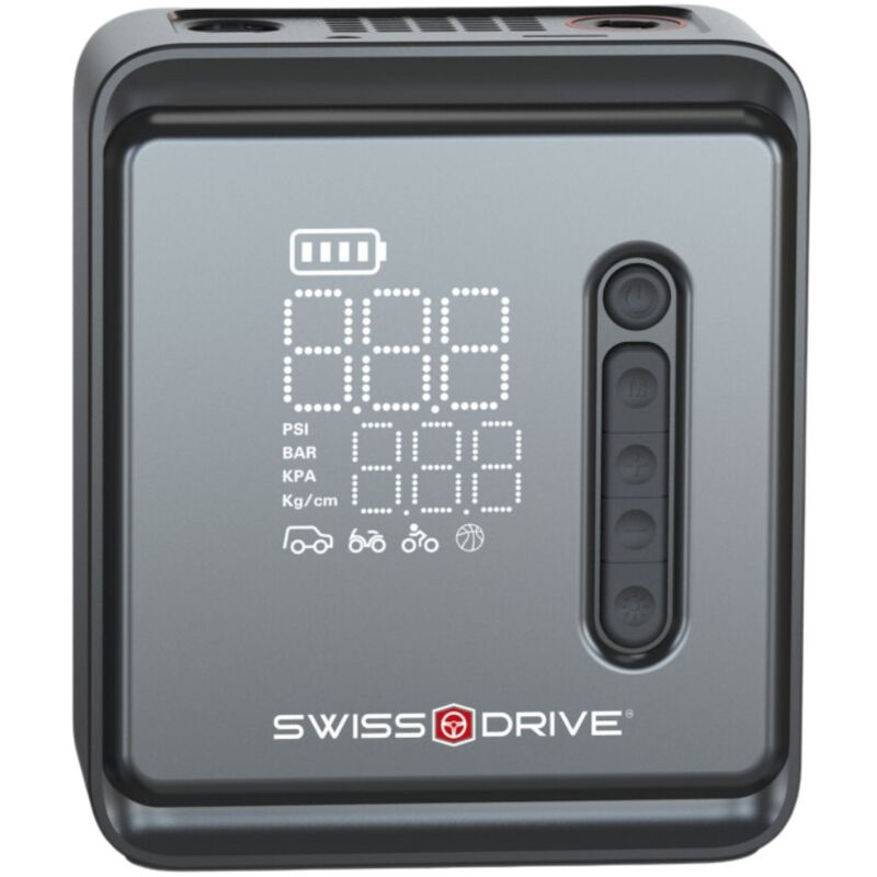 Mini Compresseur Portable Swiss Drive 150 PSI – Recharge USB, Arrêt Auto & Écran Digital. Adaptateur inclus.