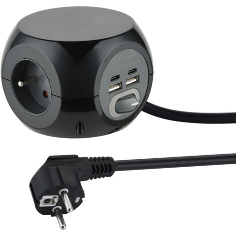 Mini Cube avec 4 Ports USB 3.4A (2 type A + 2 type C), Bloc 3 Prises avec Interrupteur, Rallonge Multiprise 3M