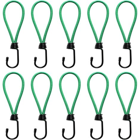 Mini cuerdas elásticas con ganchos - Paquete de 10 cuerdas elásticas resistentes de 7 pulgadas con ganchos para acampar, lonas, tiendas de campaña, senderismo, caza, camiones y barcos (verde)