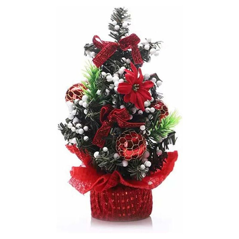 

Mini decoración de mesa de escritorio, árbol de Navidad artificial con lazos y adornos de bolas de Navidad, 8 pulgadas de alto, rojo
