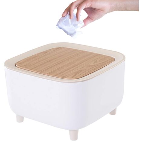 Mini Desktop Trash Can, Small Tabletop Trash Can with Button Lid, Tabletop Trash Can with Wood Look Lid, for Office, Bathroom, Kitchen and Bedroom, Food Storage (Style 2) Style 2