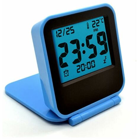 Mini Digital Travel Alarm Clocks with LCD Night Light, Battery Operated Travel Clock, Mini Portable Folding Pocket Temperature Clock for Outdoor, Bed, Desk, Table, Camper (Blue)