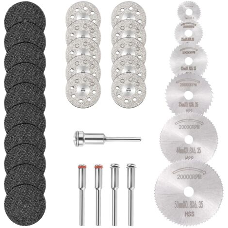 Mini Disque Diamant à Tronçonner & Mini Lame de Scie Circulaire HSS & Mini Disque de Coupe en Résine (3mm Mandrins) pour Bois Pierre Métal - Paquet de 30Pcs
