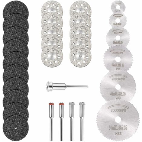 Mini Disque Diamant à Tronçonner & Mini Lame de Scie Circulaire HSS & Mini Disque de Coupe en Résine (3mm Mandrins) pour Bois Pierre Métal - Paquet de 30Pcs,Superma,argent