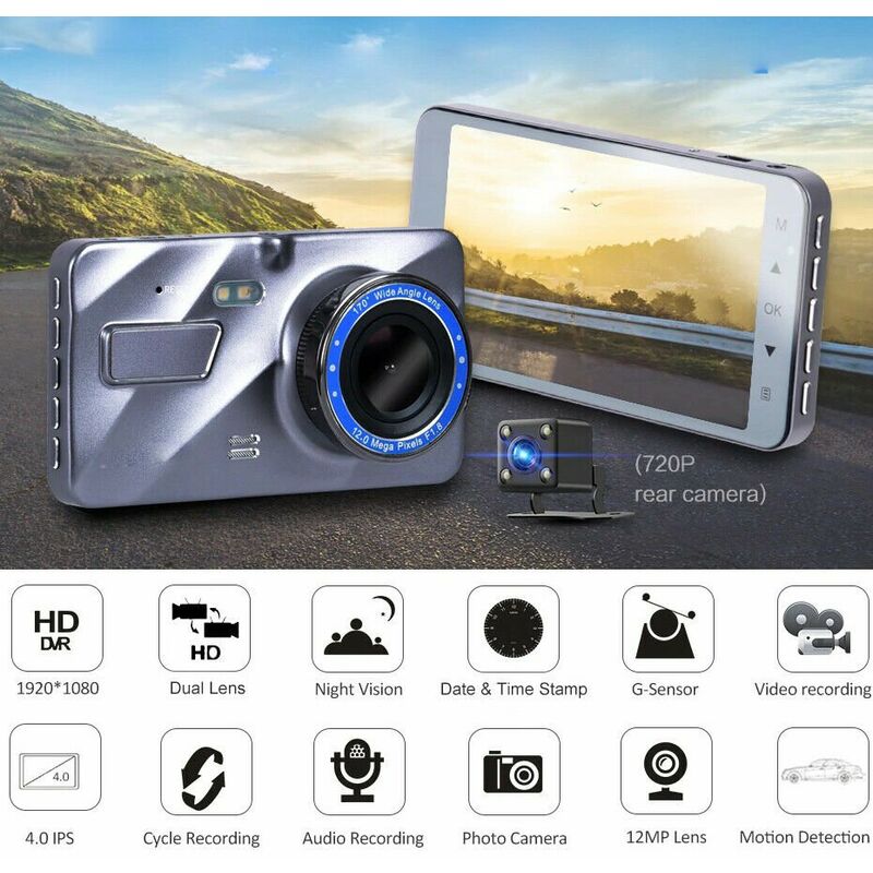 MINI DVR TELECAMERA VIDEOREGISTRATORE PER AUTO 2 TELECAMERE SUPER HD DISPLAY 4/"