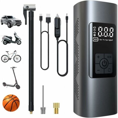 Mini electric pump with 6000 mAh, air compressor, portable pneumatic pump, 150 PSI with LCD digital display and LED light for motorcycle, scooter, car LOY