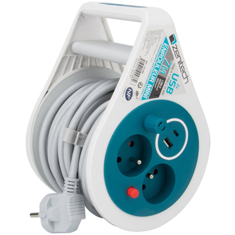 Mini enrouleur 2 prises P+T + 2 USB - 7m - Bleu - Zenitech