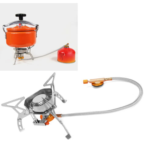 Mini estufa de gas con paravientos integrado y soporte para parrilla de pollo.