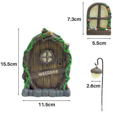 Mini-Feenhaus mit Beleuchtung, automatischer Tür und Fenstern, Gartendekoration, handbemaltes Kunstharz, 360 g, 1 Tür, 2 Fenster