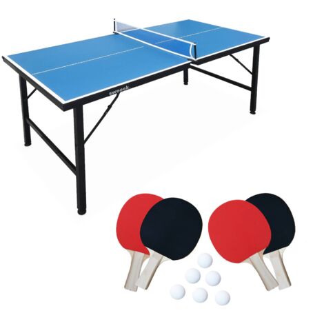 Mini folding indoor table tennis table with 4 bats and 6 balls blue