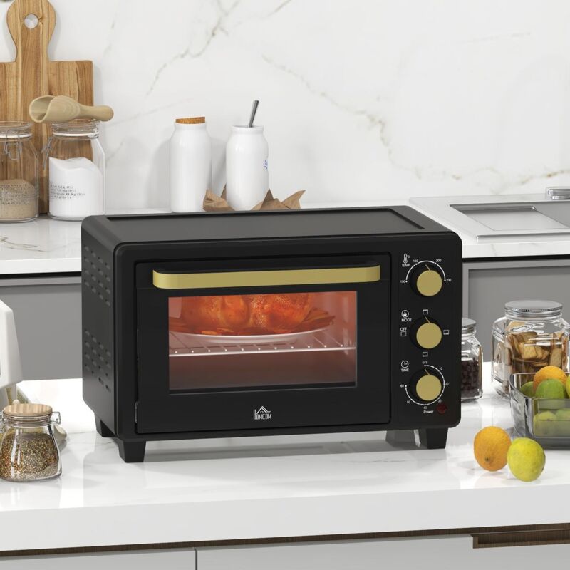 Mini four 16L 1400W 100°C - 230°C 60 min.Minuterie avec grille et plaque de cuisson,Four à pizza avec poignée de plateau,Plateau ramasse-miettes Noir