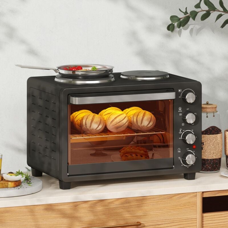 Mini four 28L 2600W 100-230°C 60 min.Minuterie avec 2 plaques chauffantes,plaque de cuisson et grille,Four à pizza avec plateau