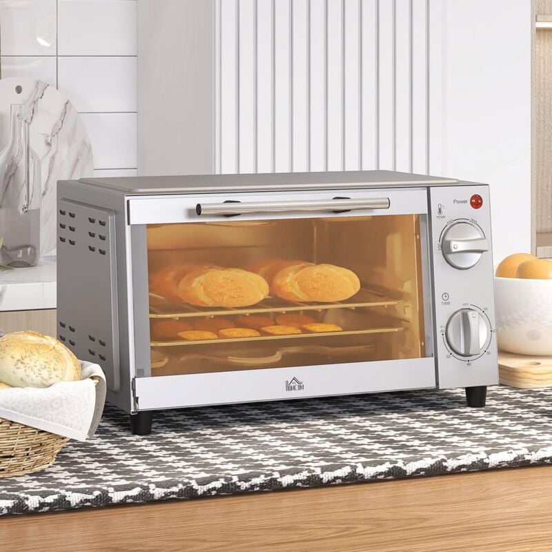 Mini four 9L 750W avec plaque de cuisson,grille,100°C - 230°C,avec température et temps de cuisson réglables,60 min.Minuterie,Acier inoxydable,Argent