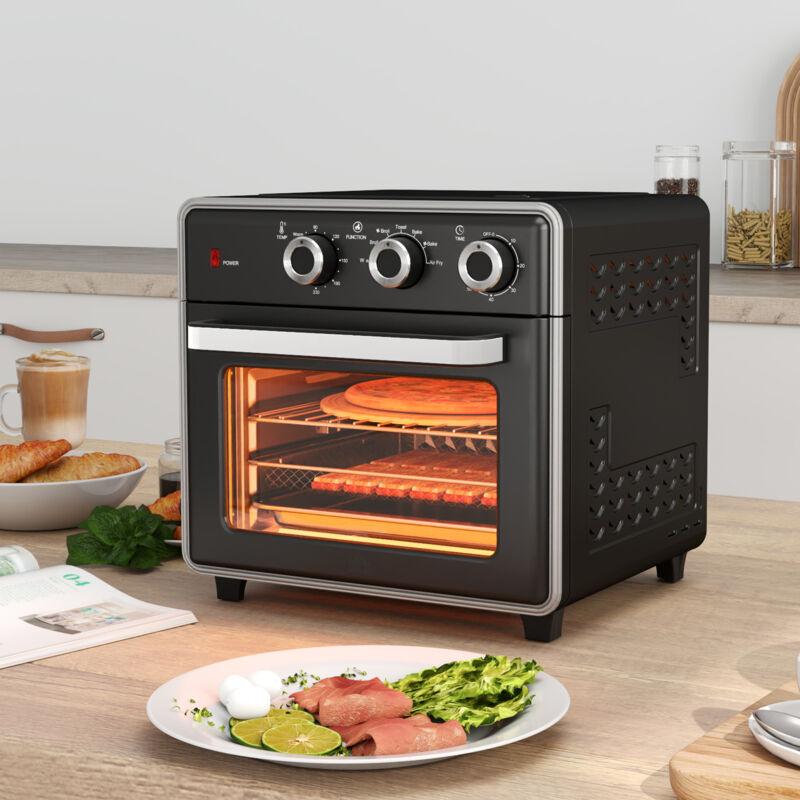 Mini four à convection 20L 1400W avec plaque de cuisson,Grille et plateau ramasse-miettes,Friteuse à air chaud 90°C-230°C avec 5 modes,Panier à