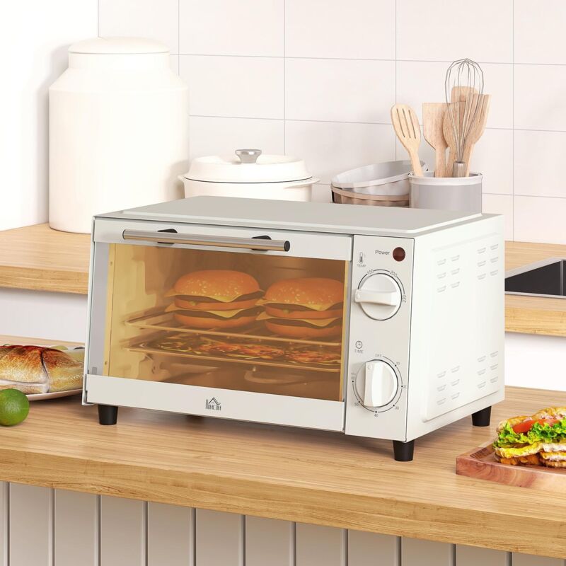 Mini Four Électrique 9L avec plaque de cuisson,grille,100°C - 230°C,température et temps de cuisson réglables,60 min.750 W,acier inox,blanc crème