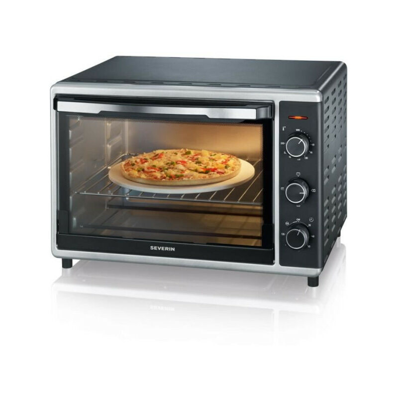 Mini Four Electrique chaleur Severin TO2058 tournante 42 l, pierre a pizza et tournebroche, Four posable 1 800 w, Minuteur 120 min, Noir/In
