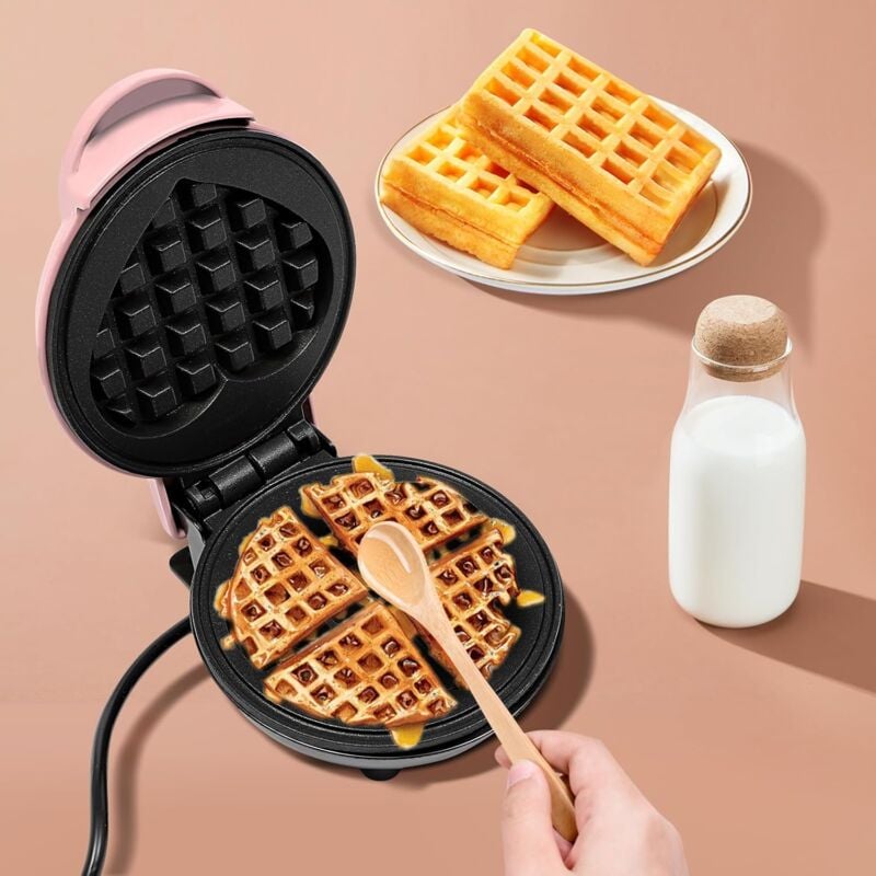 Mini Gaufrier En Forme De Coeur Gaufrier En Acier Inoxydable Petit Gaufrier Avec Antiadhésif Pancake Maker Pour Gaufres Enfants Anniversaires (Rose)