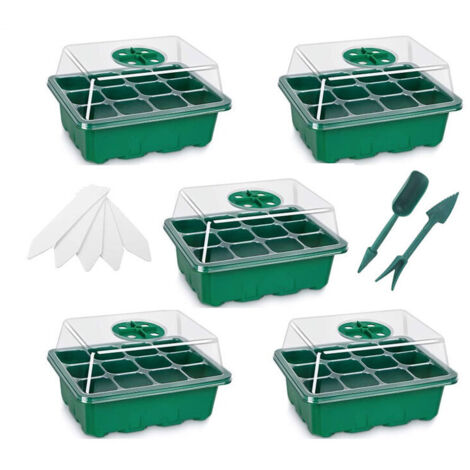 Mini-Gewächshaus für Pflanzen, 5-teilig, 12 Zellen, Anzuchtschale für drinnen, Anzuchtbox mit robustem Deckel und Belüftung