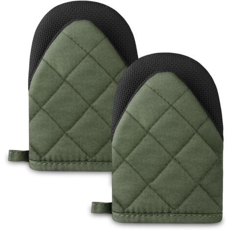 Mini guanti da forno, set da 2, piccoli guanti verdi, resistenti al calore fino a 220 °C (428 °F), superficie antiscivolo e anello per appenderli. Guanti da forno adatti per cuocere al forno, preparar