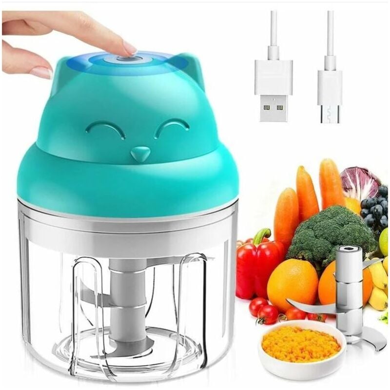 Fitags - Mini Hachoir Électrique Multi Moulinette, 250ml Mixer Blender Avec Design Acier inoxydable 3 Lames, Presse Ail Hachoir, Petit Mixeur