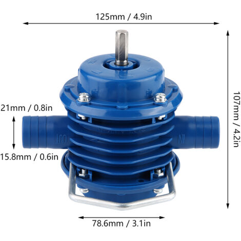 Mini-Handwasserpumpe mit Selbstansaugung für Bohrmaschinen, blau, aus Edelstahl und technischem Kunststoff  125 mm x 107 mm x 78,6 mm  Blau  1 Stück