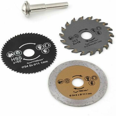 Mini hojas de sierra circular HSS de 54,8mm, disco de herramienta de hoja de corte rotativo para corte de madera + mandril de 3 uds.