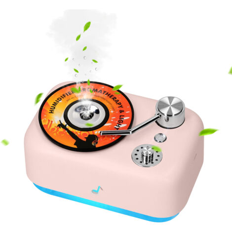 Mini humidificador USB 300ml – Luz nocturna + difusor aromas – Diseño retro fonógrafo – Silencioso – Para dormitorio, oficina, cuarto bebé