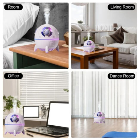 Mini humidificador USB: humidificador portátil con forma de cohete, iluminación ambiental, ABS y PC transparentes, color morado.