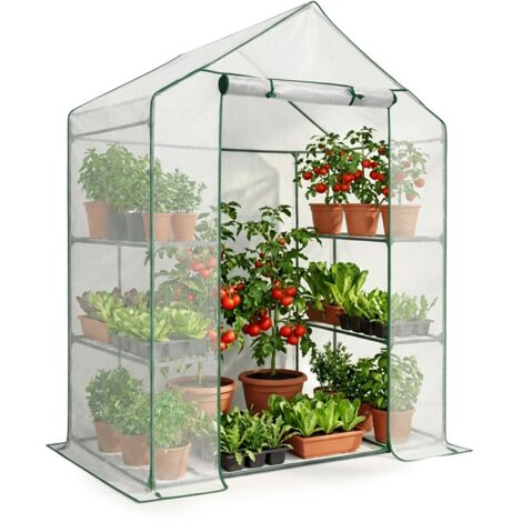 Mini invernadero de jardín tipo caseta con estructura metálica y cubierta de PE con estantes, 1 puerta Blanco 143x73x195 cm