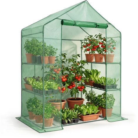Mini invernadero de jardín tipo caseta con estructura metálica y cubierta de PE con estantes, 1 puerta Verde 143x73x195 cm