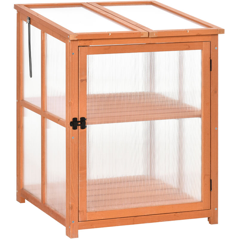 

Mini Invernadero Jardín de Madera y Policarbonato con 2 Estantes Tapas y Puerta con Pestillo para Plantas Huerto Jardinería 62x63x82 cm Naranja