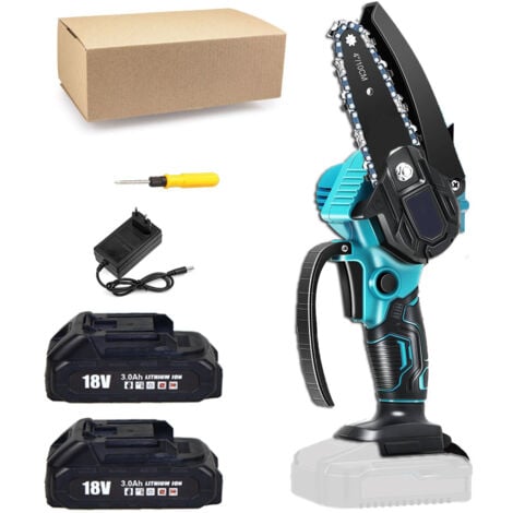 MAWIRON Mini-Kettensäge, tragbare elektrische Kettensäge, kabellos, kleine Handkettensäge, Astschere, Kettensäge, 2 x 3.0 A Akku + Ladegerät, kompatibel mit Makita-Ladegerät, für Äste, Hof und Garten