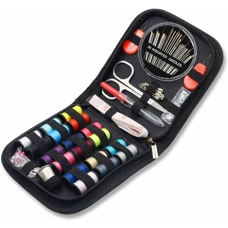 Mini kit de couture avec 52 fournitures de couture, 18 bobines de fil avec boîte à coudre noire pour débutants enfants voyageurs machine à coudre adultes filles (petit)